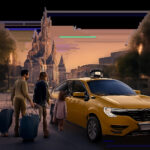 Illustration d’un transfert taxi confortable et rassurant vers Disneyland Paris. Une scène moderne mettant en avant la ponctualité, le confort et la prise en charge des familles.