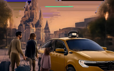 Illustration d’un transfert taxi confortable et rassurant vers Disneyland Paris. Une scène moderne mettant en avant la ponctualité, le confort et la prise en charge des familles.
