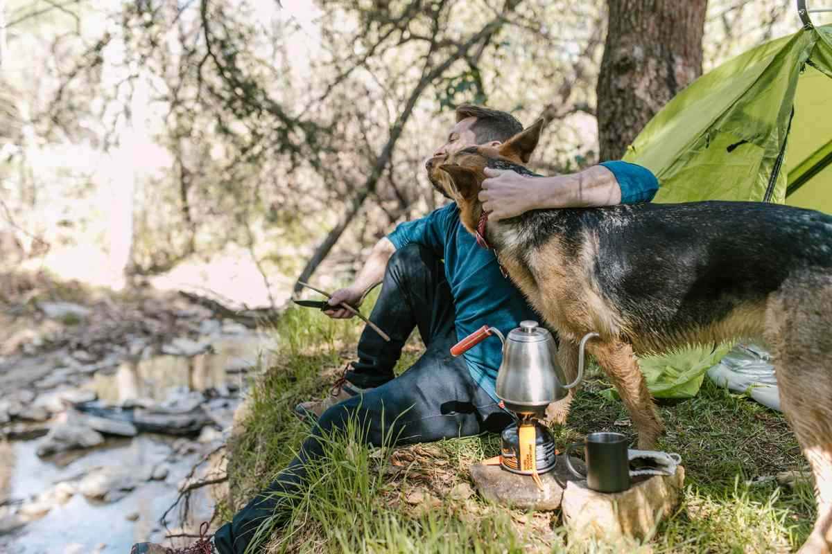 Homme et chien en laisse devant une tente verte lors d'un camping en forêt près d'un ruisseau Homme et chien en laisse devant une tente verte lors d'un camping en forêt près d'un ruisseau